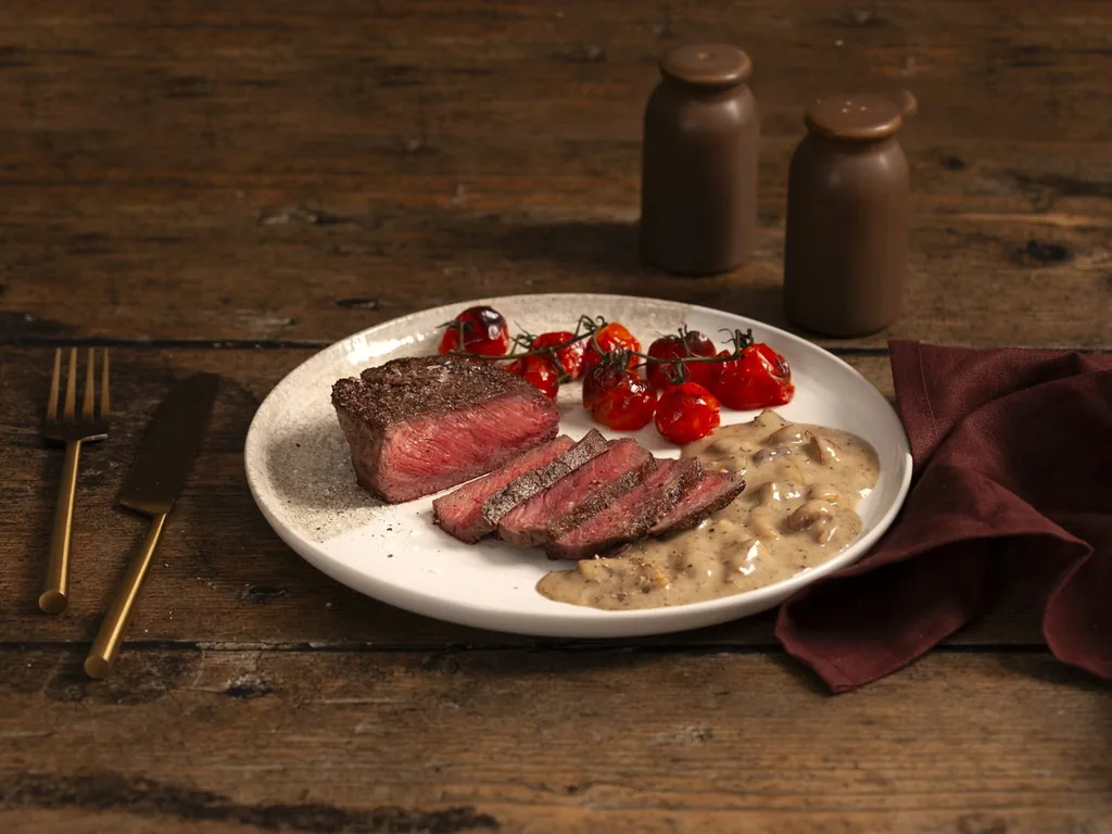 A plated steak, sliced.