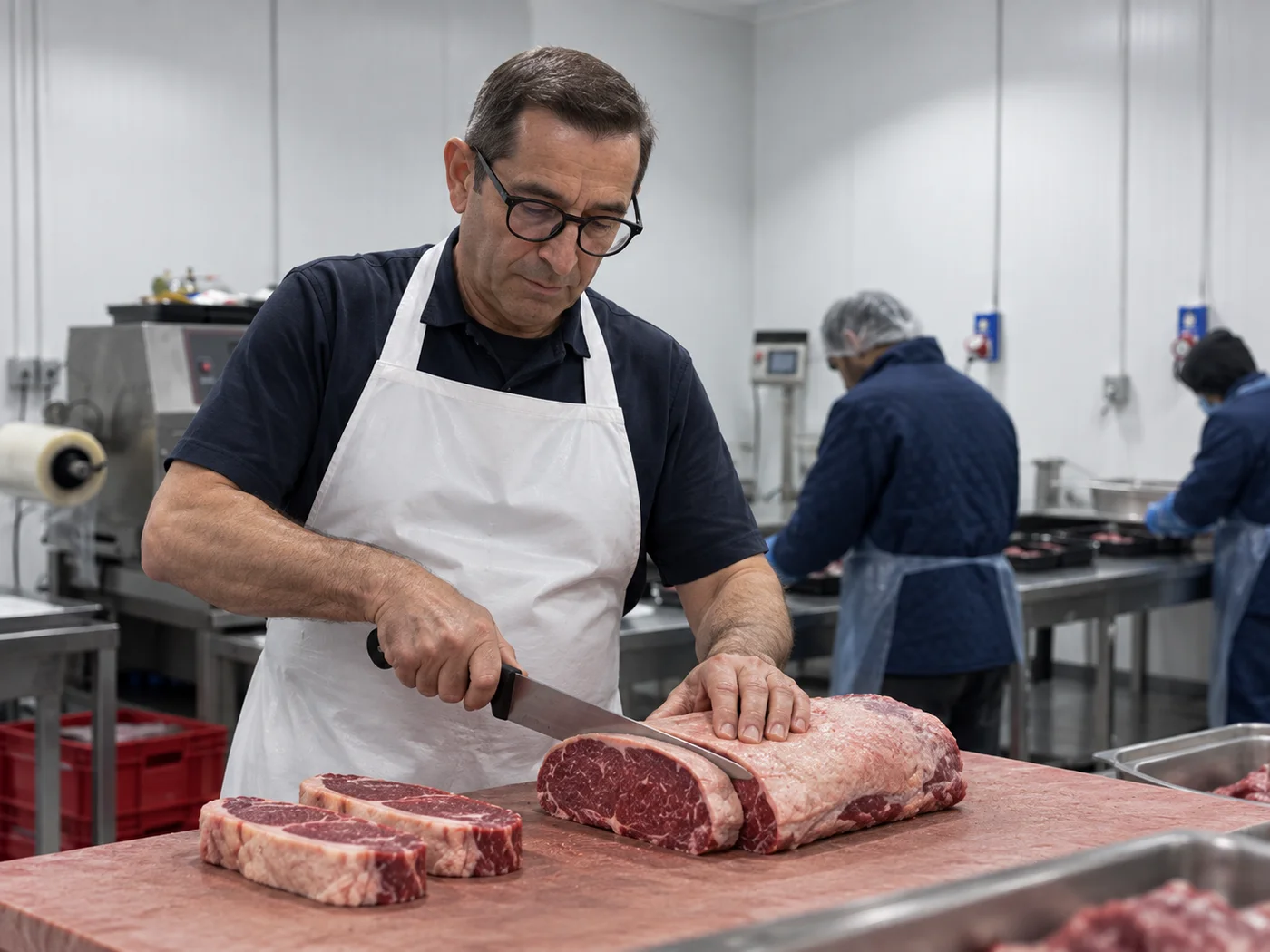 A butcher carefully portioning beef on the block