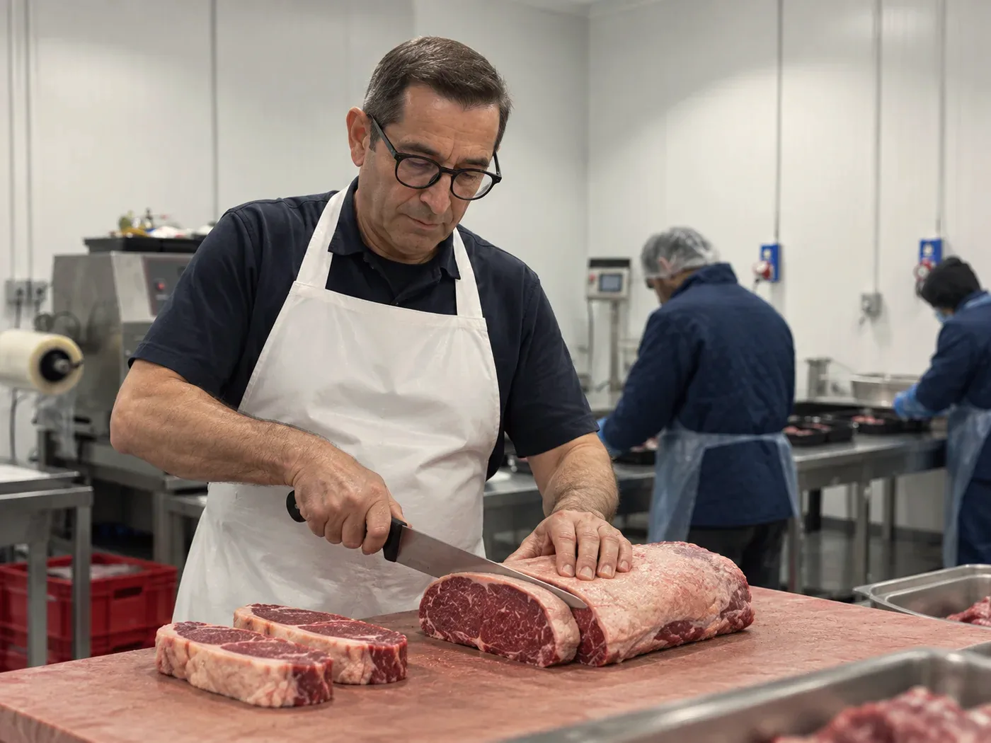 A butcher preparing a cut at the block