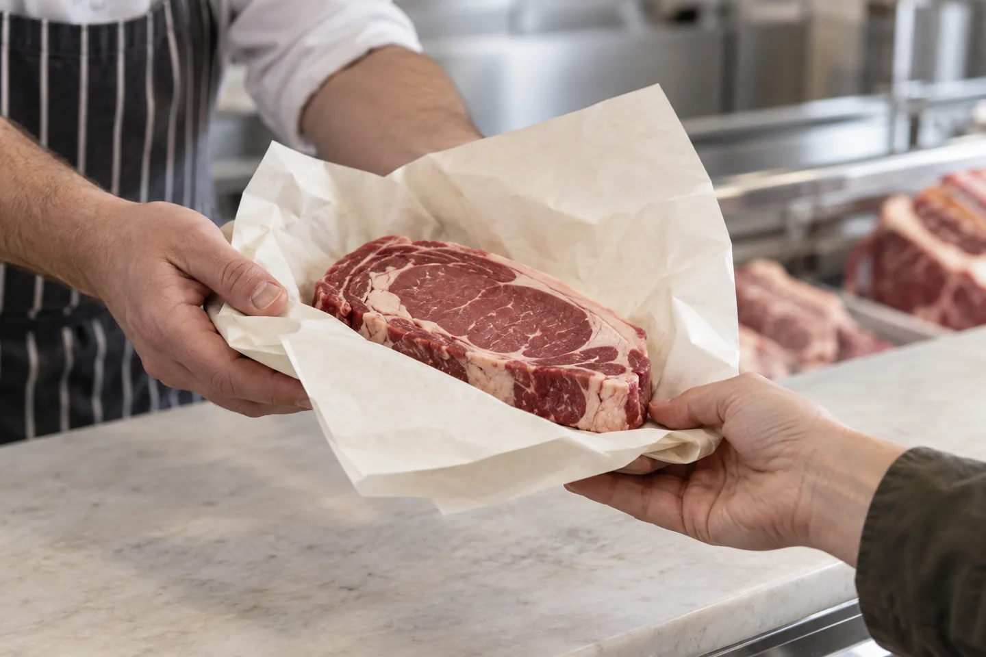 Illustrative scene of a steak in butcher paper being handed across a counter